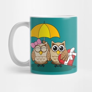 Cute Owl Lovers with Umbrella and Red Chocolate Box Mug